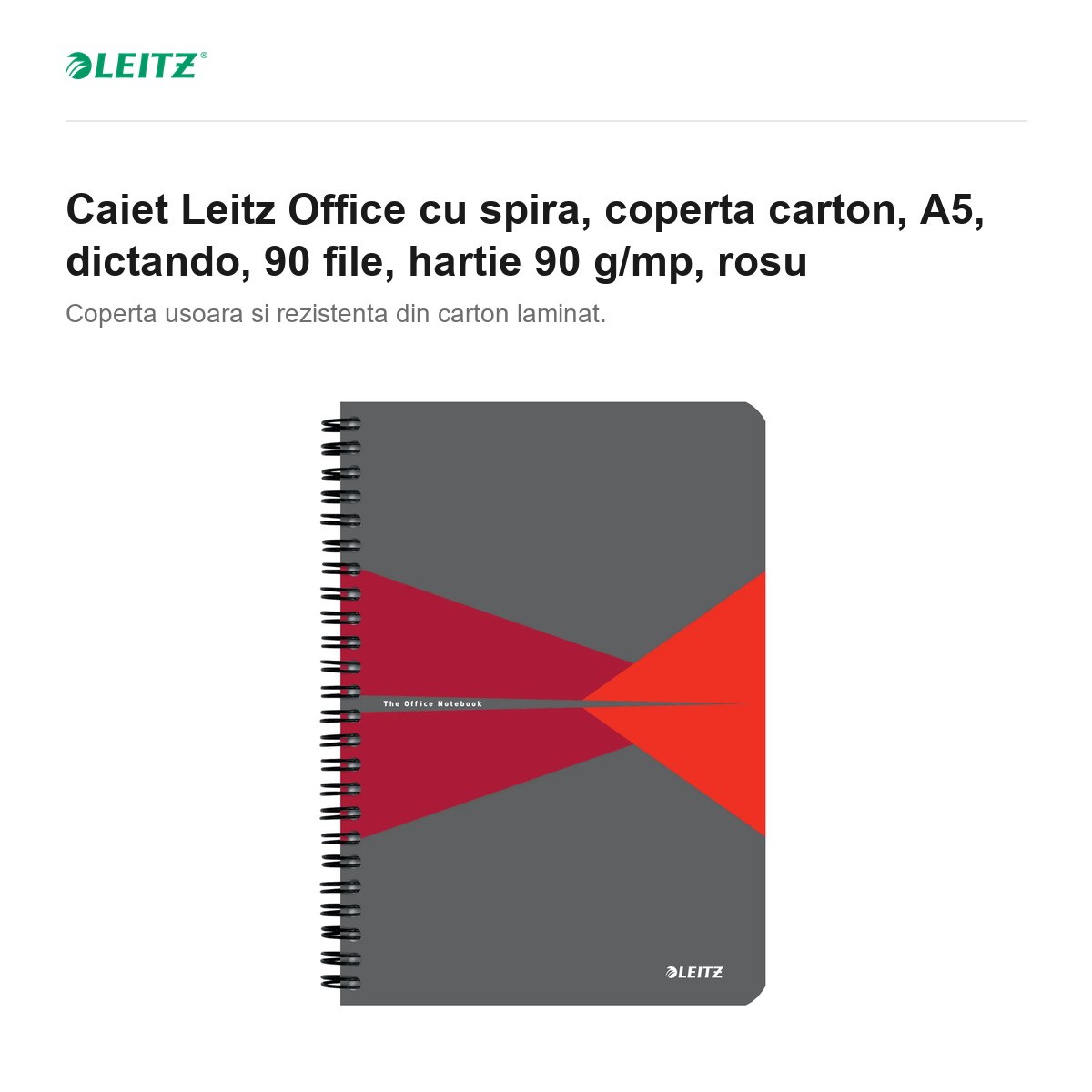 Caiet Leitz Office cu spira, coperta carton, A5, dictando, 90 file, hartie 90 g/mp, rosu [2]