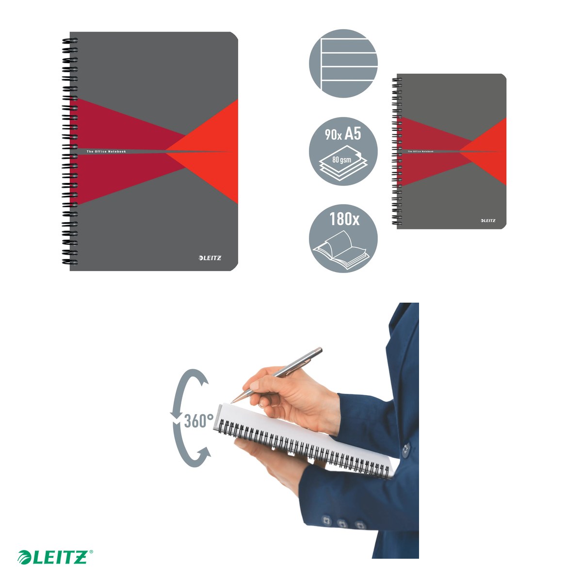 Caiet Leitz Office cu spira, coperta carton, A5, dictando, 90 file, hartie 90 g/mp, rosu [4]