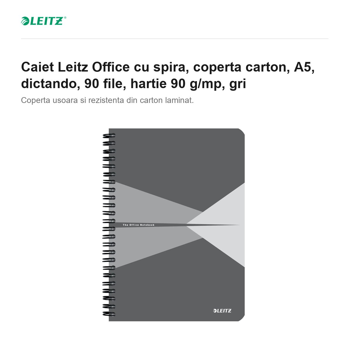 Caiet Leitz Office cu spira, coperta carton, A5, dictando, 90 file, hartie 90 g/mp, gri [2]