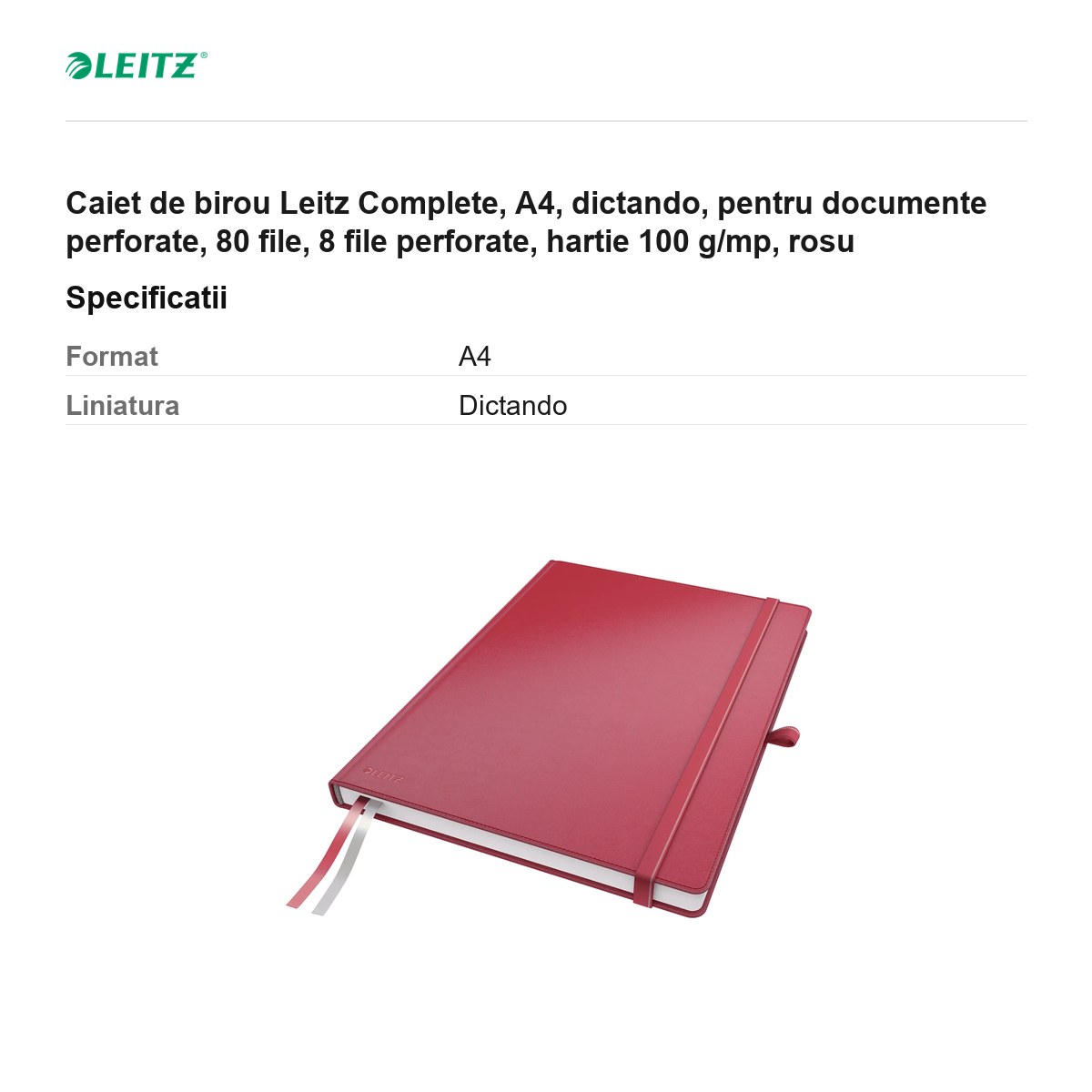 Caiet de birou Leitz Complete, A4, dictando, pentru documente perforate, 80 file, 8 file perforate, hartie 100 g/mp, rosu [3]
