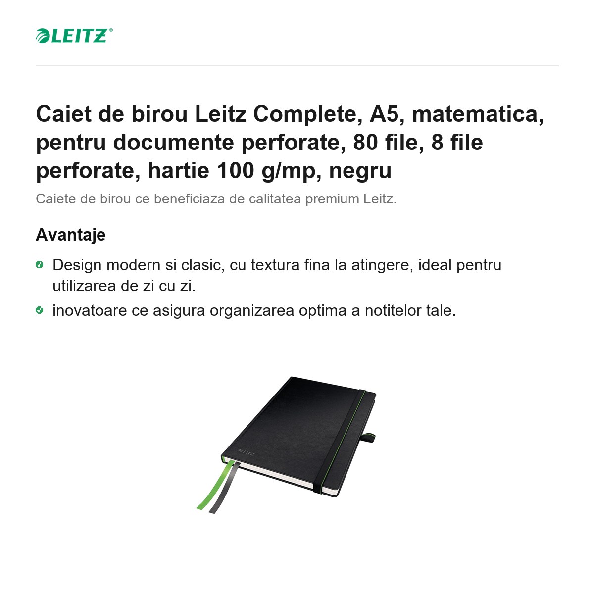 Caiet de birou Leitz Complete, A5, matematica, pentru documente perforate, 80 file, 8 file perforate, hartie 100 g/mp, negru [2]