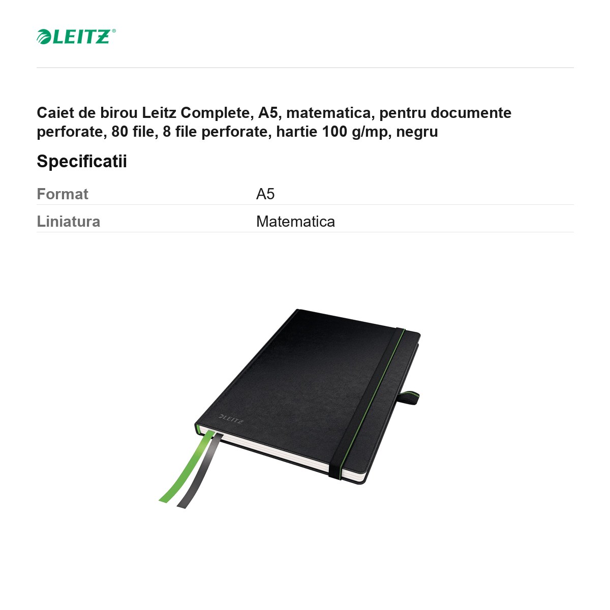 Caiet de birou Leitz Complete, A5, matematica, pentru documente perforate, 80 file, 8 file perforate, hartie 100 g/mp, negru [3]