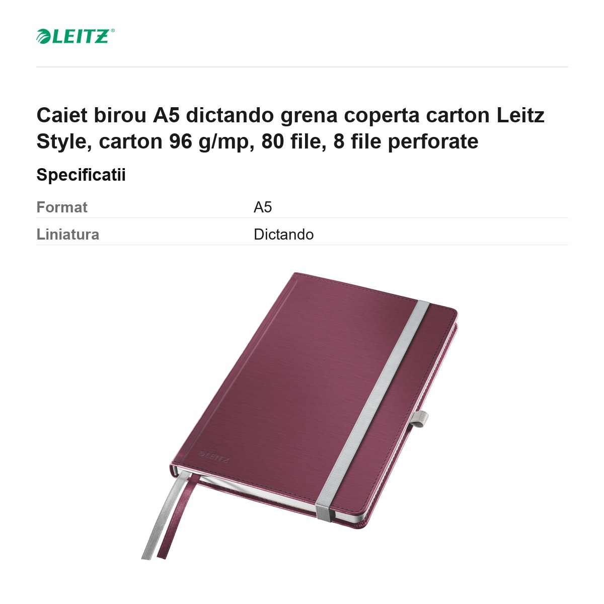 Caiet birou A5 dictando grena coperta carton Leitz Style, carton 96 g/mp, 80 file, 8 file perforate [3]