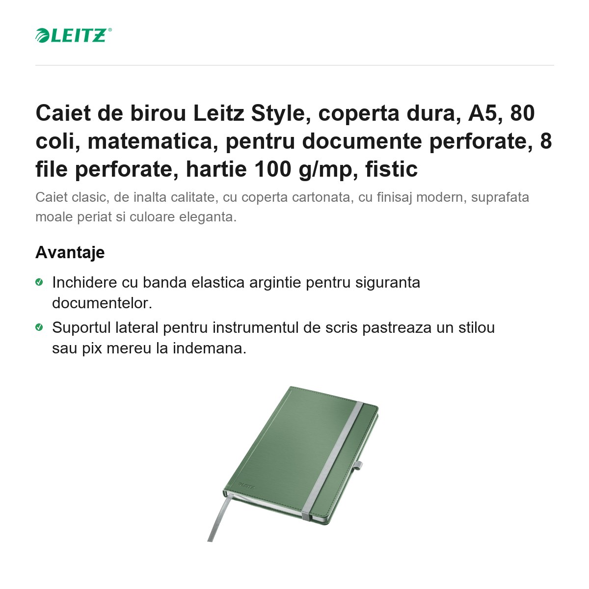 Caiet de birou Leitz Style, coperta dura, A5, 80 coli, matematica, pentru documente perforate, 8 file perforate, hartie 100 g/mp, fistic [2]
