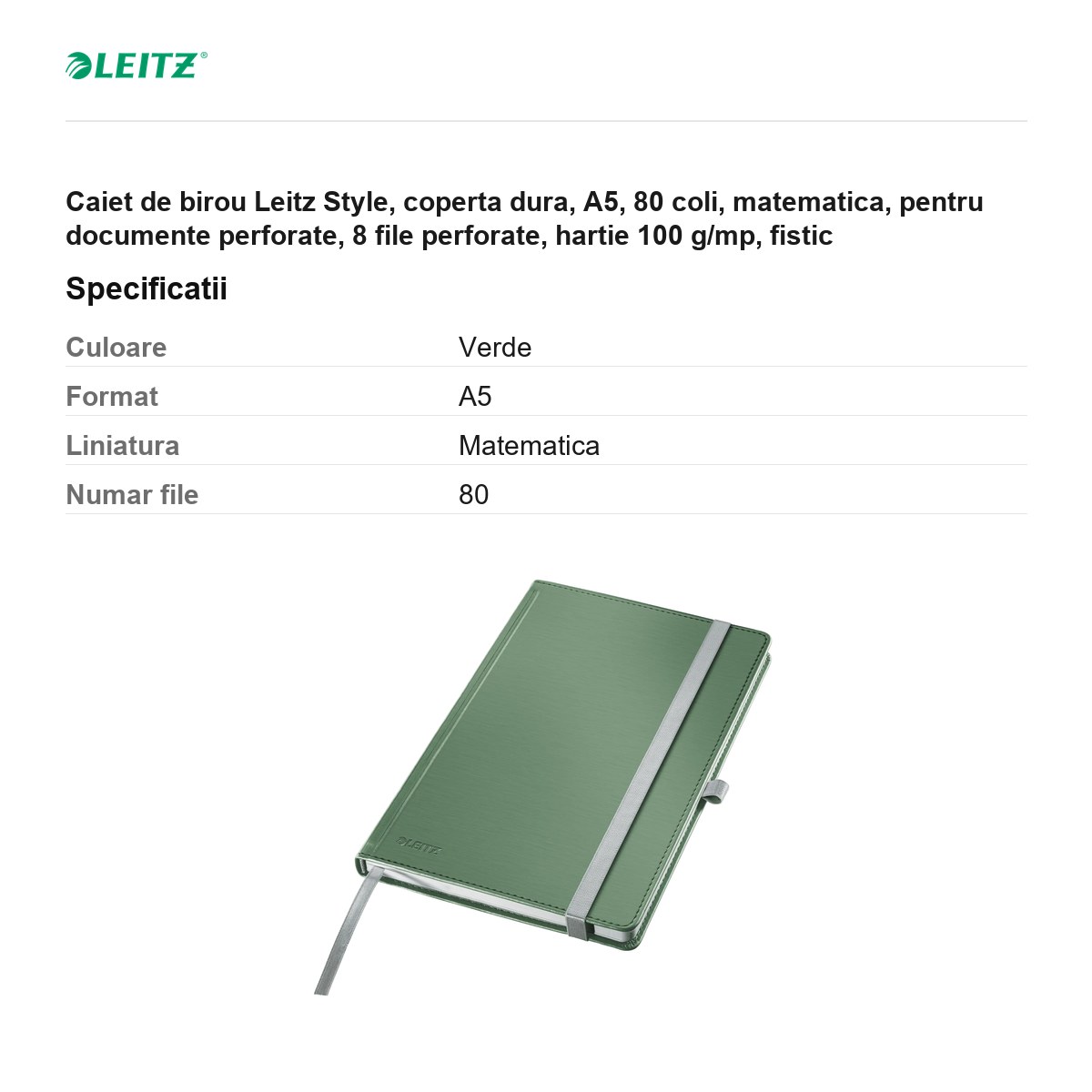 Caiet de birou Leitz Style, coperta dura, A5, 80 coli, matematica, pentru documente perforate, 8 file perforate, hartie 100 g/mp, fistic [3]