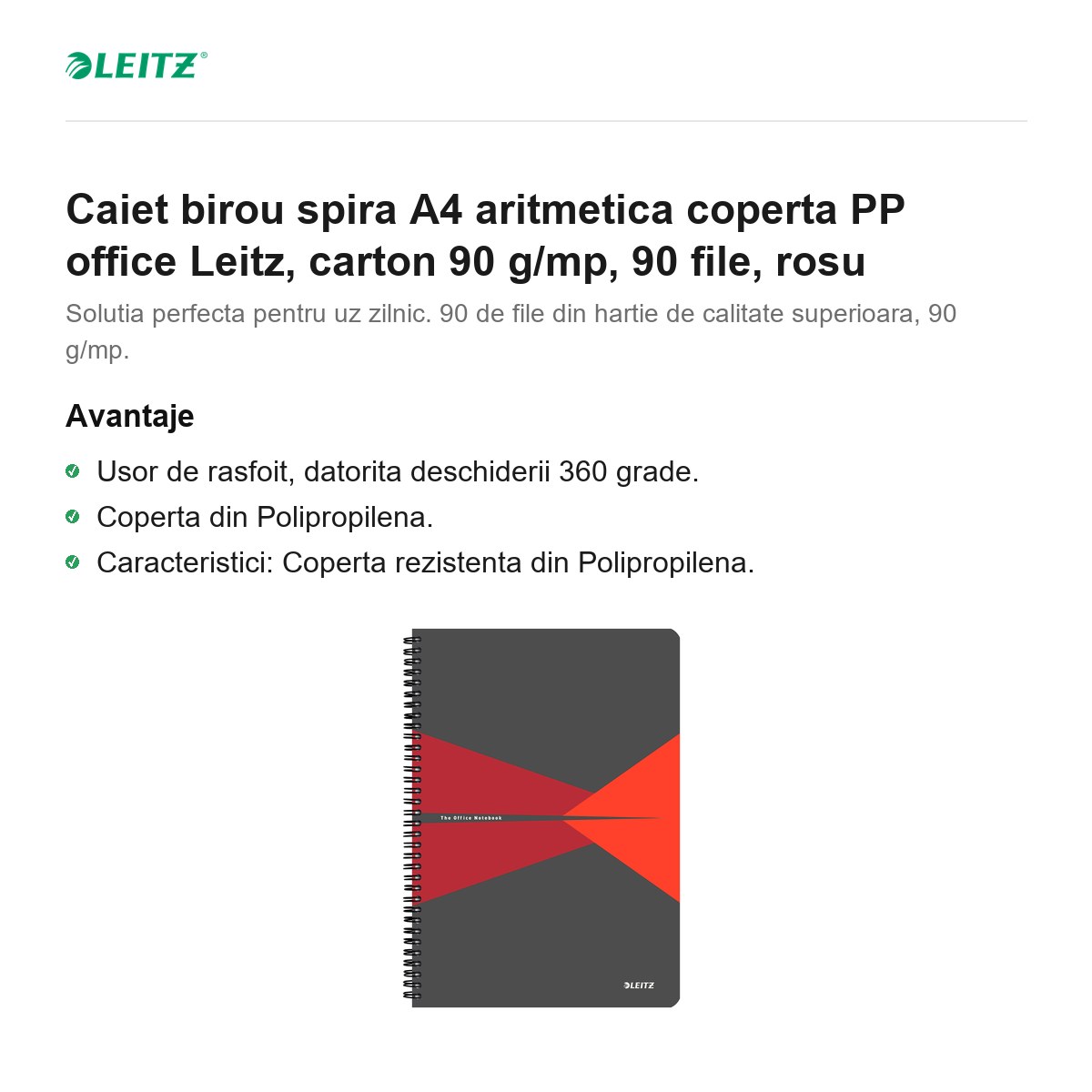 Caiet birou spira A4 aritmetica coperta PP office Leitz, carton 90 g/mp, 90 file, rosu [2]