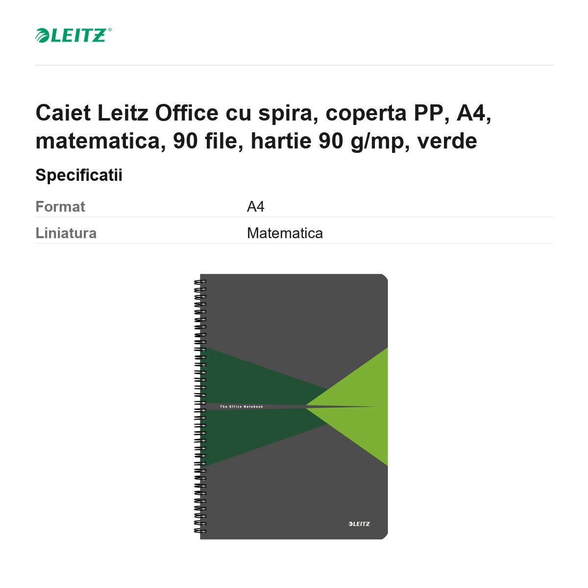 Caiet Leitz Office cu spira, coperta PP, A4, matematica, 90 file, hartie 90 g/mp, verde [3]