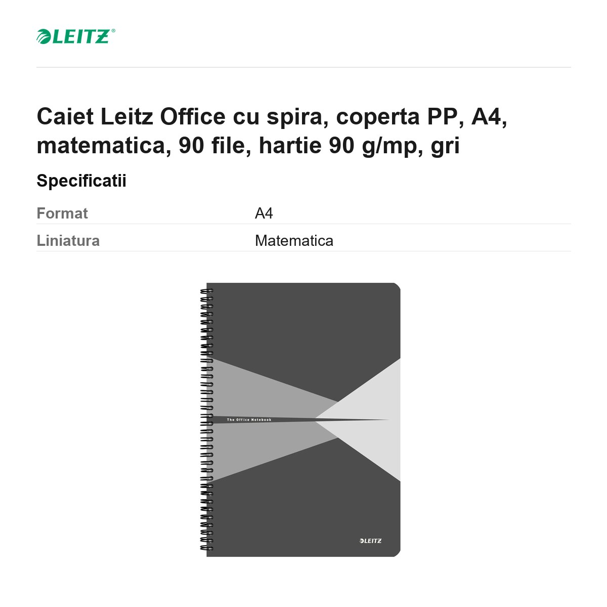 Caiet Leitz Office cu spira, coperta PP, A4, matematica, 90 file, hartie 90 g/mp, gri [3]