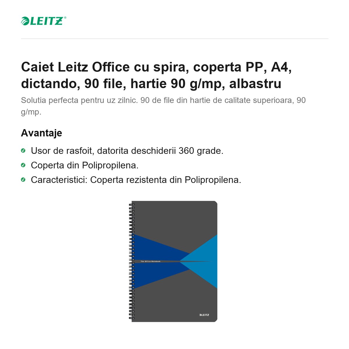 Caiet Leitz Office cu spira, coperta PP, A4, dictando, 90 file, hartie 90 g/mp, albastru [2]