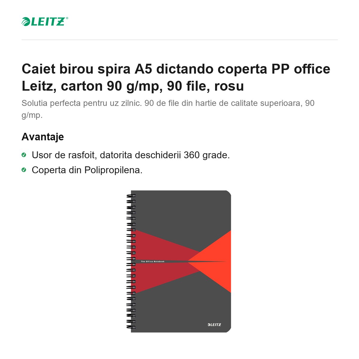 Caiet birou spira A5 dictando coperta PP office Leitz, carton 90 g/mp, 90 file, rosu [2]