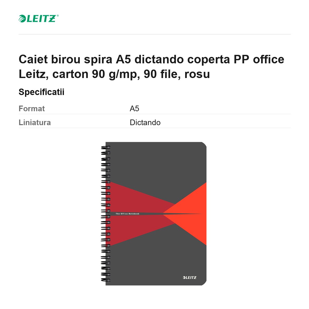 Caiet birou spira A5 dictando coperta PP office Leitz, carton 90 g/mp, 90 file, rosu [3]
