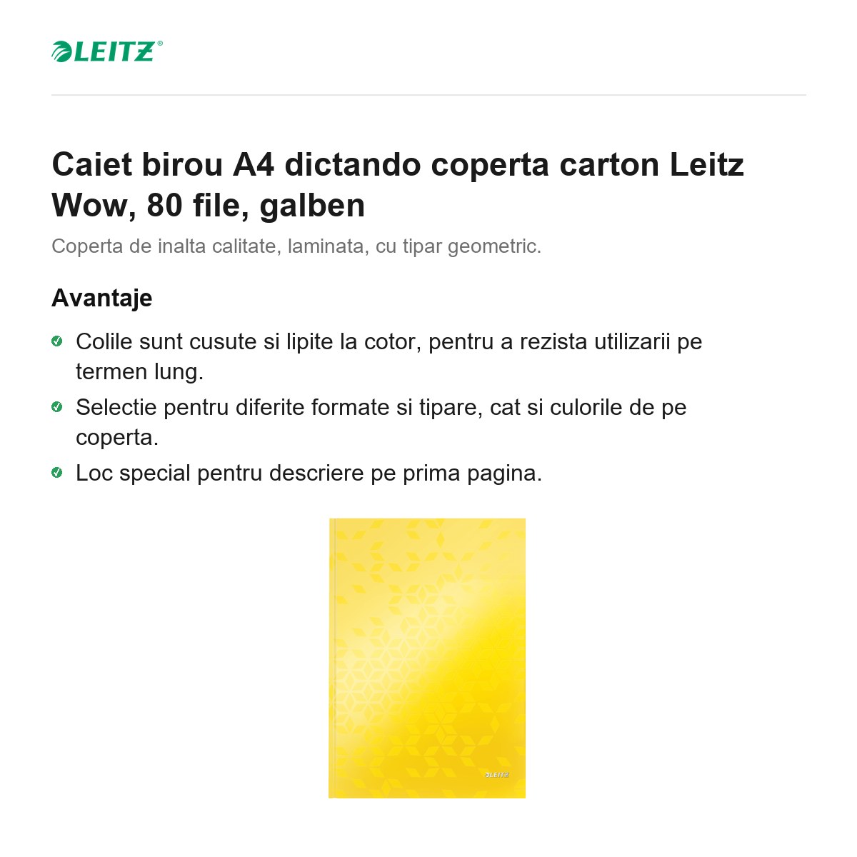Caiet birou A4 dictando coperta carton Leitz Wow, 80 file, galben [2]
