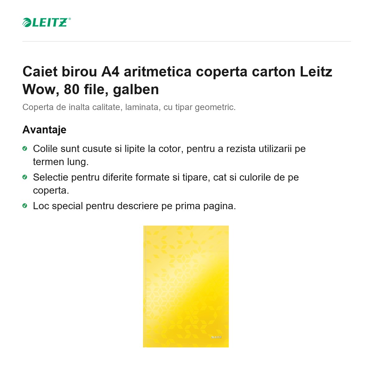 Caiet birou A4 aritmetica coperta carton Leitz Wow, 80 file, galben [2]