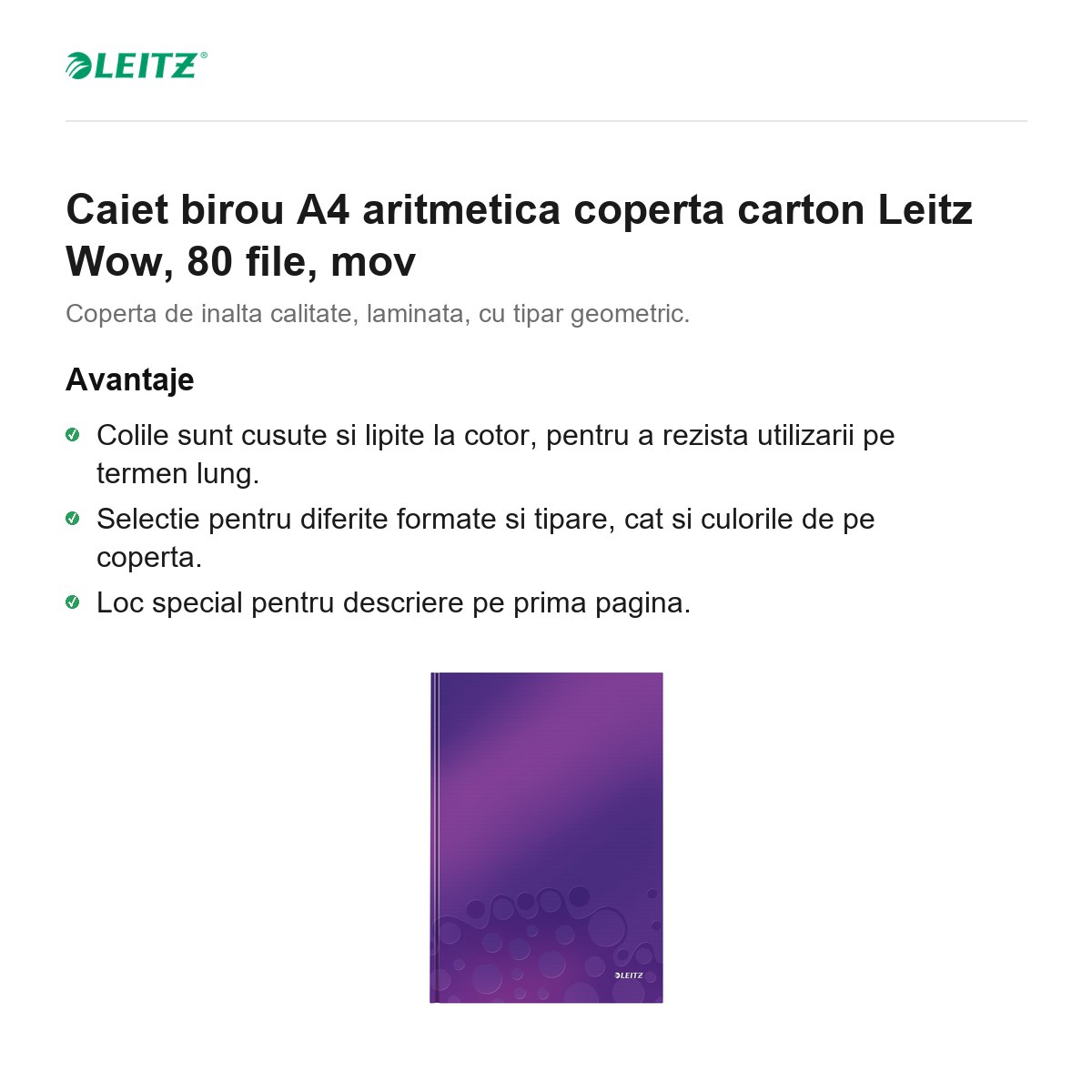 Caiet birou A4 aritmetica coperta carton Leitz Wow, 80 file, mov [2]