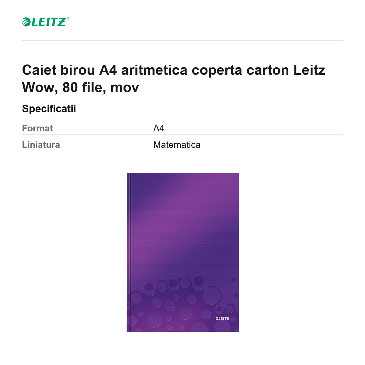 Caiet birou A4 aritmetica coperta carton Leitz Wow, 80 file, mov [3]