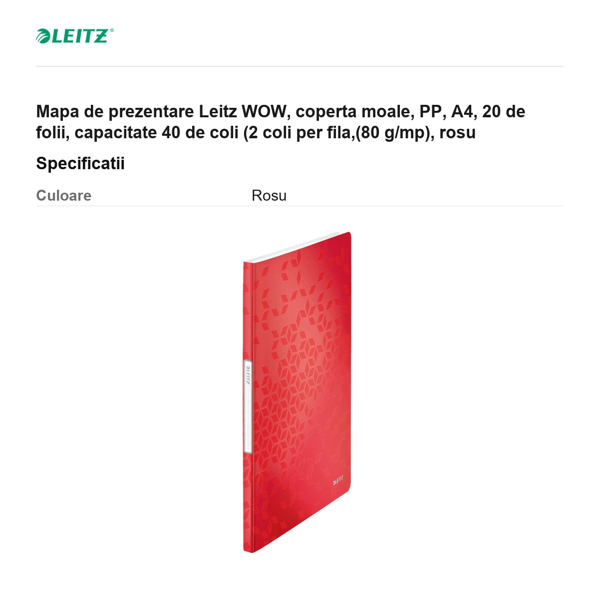 Mapa de prezentare Leitz WOW, coperta moale, PP, A4, 20 de folii, capacitate 40 de coli (2 coli per fila,(80 g/mp), rosu [3]