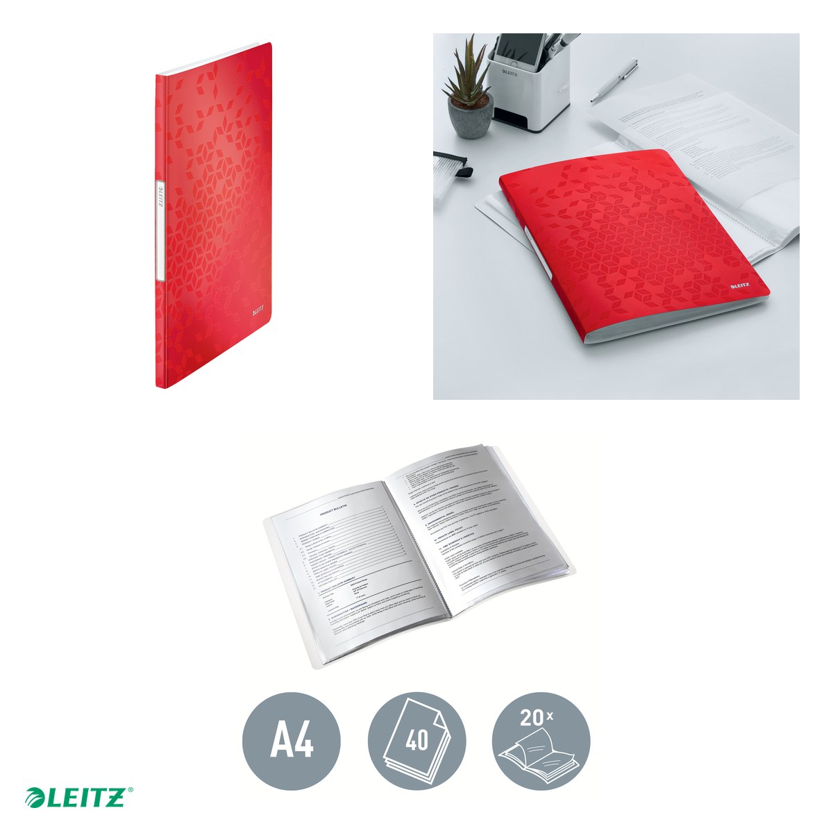 Mapa de prezentare Leitz WOW, coperta moale, PP, A4, 20 de folii, capacitate 40 de coli (2 coli per fila,(80 g/mp), rosu [4]