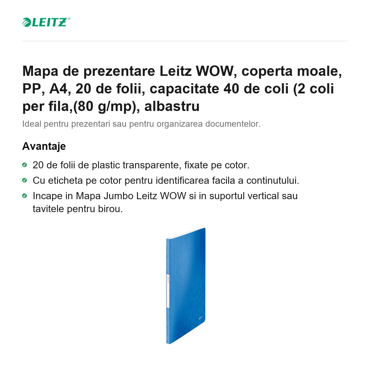 Mapa de prezentare Leitz WOW, coperta moale, PP, A4, 20 de folii, capacitate 40 de coli (2 coli per fila,(80 g/mp), albastru [2]