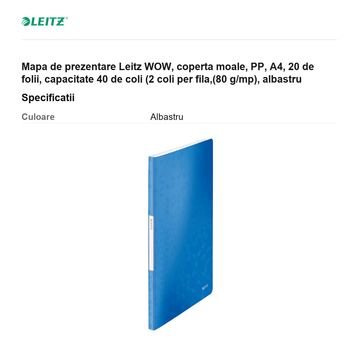 Mapa de prezentare Leitz WOW, coperta moale, PP, A4, 20 de folii, capacitate 40 de coli (2 coli per fila,(80 g/mp), albastru [3]
