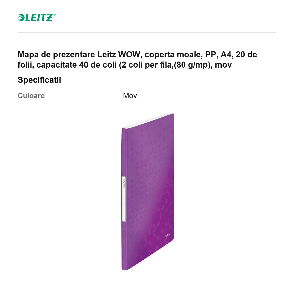 Mapa de prezentare Leitz WOW, coperta moale, PP, A4, 20 de folii, capacitate 40 de coli (2 coli per fila,(80 g/mp), mov [3]