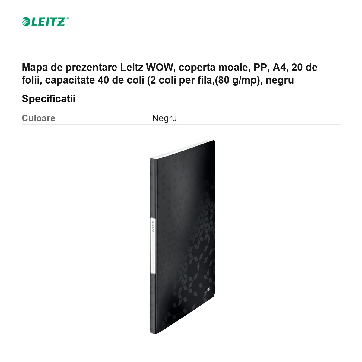 Mapa de prezentare Leitz WOW, coperta moale, PP, A4, 20 de folii, capacitate 40 de coli (2 coli per fila,(80 g/mp), negru [3]