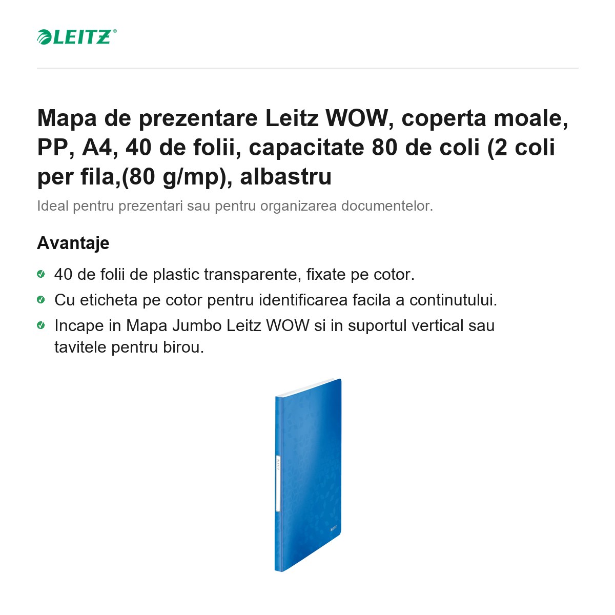 Mapa de prezentare Leitz WOW, coperta moale, PP, A4, 40 de folii, capacitate 80 de coli (2 coli per fila,(80 g/mp), albastru [2]