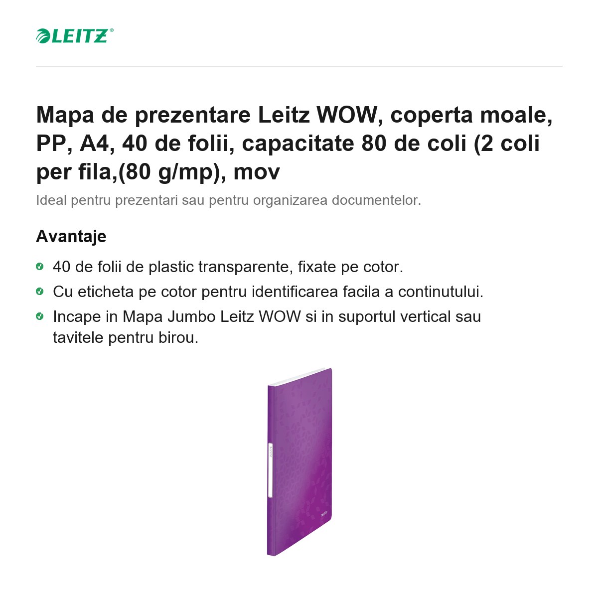 Mapa de prezentare Leitz WOW, coperta moale, PP, A4, 40 de folii, capacitate 80 de coli (2 coli per fila,(80 g/mp), mov [2]