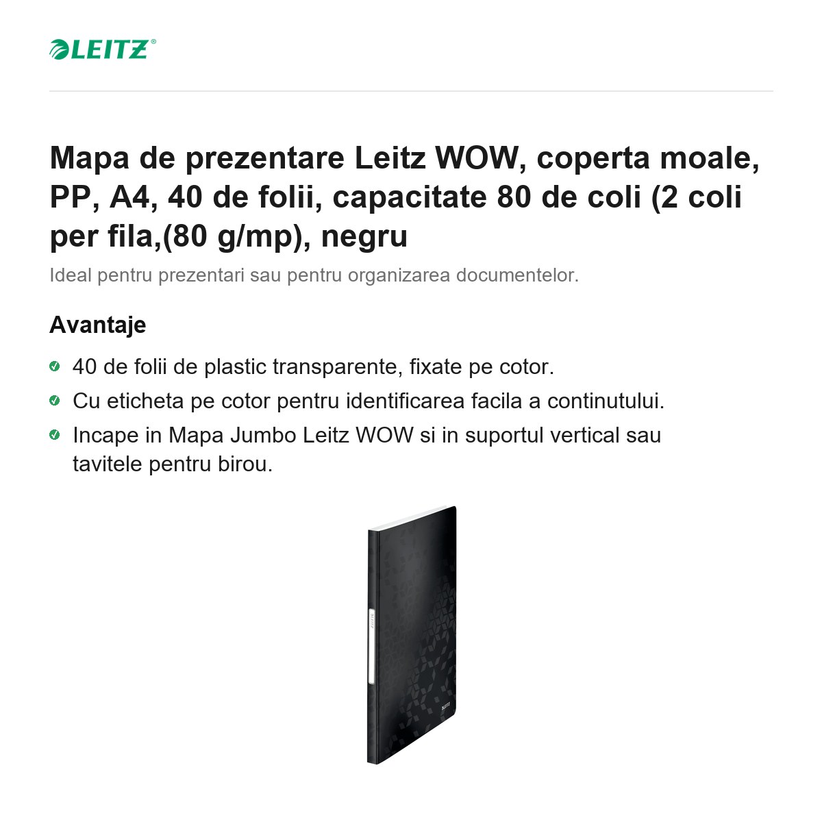 Mapa de prezentare Leitz WOW, coperta moale, PP, A4, 40 de folii, capacitate 80 de coli (2 coli per fila,(80 g/mp), negru [2]