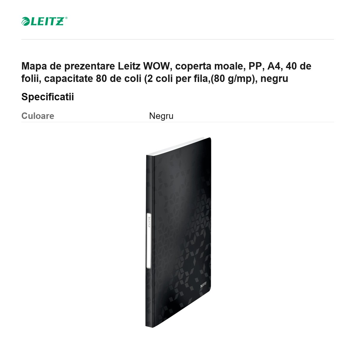 Mapa de prezentare Leitz WOW, coperta moale, PP, A4, 40 de folii, capacitate 80 de coli (2 coli per fila,(80 g/mp), negru [3]