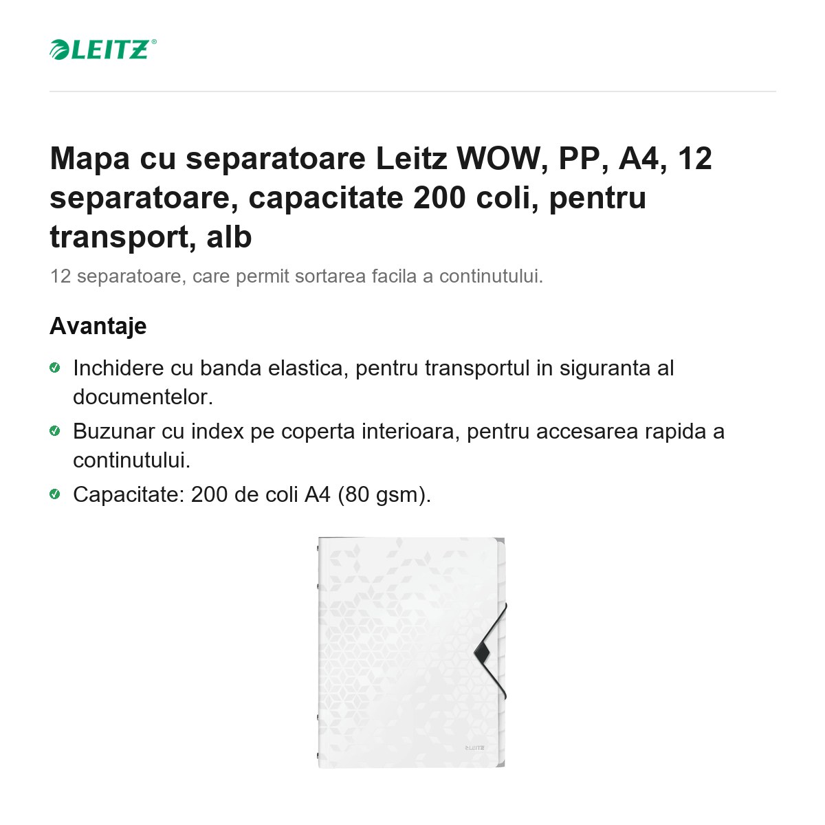Mapa cu separatoare Leitz WOW, PP, A4, 12 separatoare, capacitate 200 coli, pentru transport, alb [2]