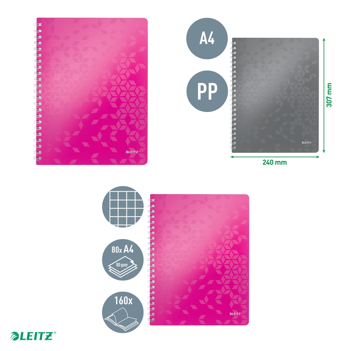 Caiet de birou Leitz WOW, PP, A4, cu spira, matematica, pentru documente perforate, 80 file, hartie 80 g/mp, roz [4]