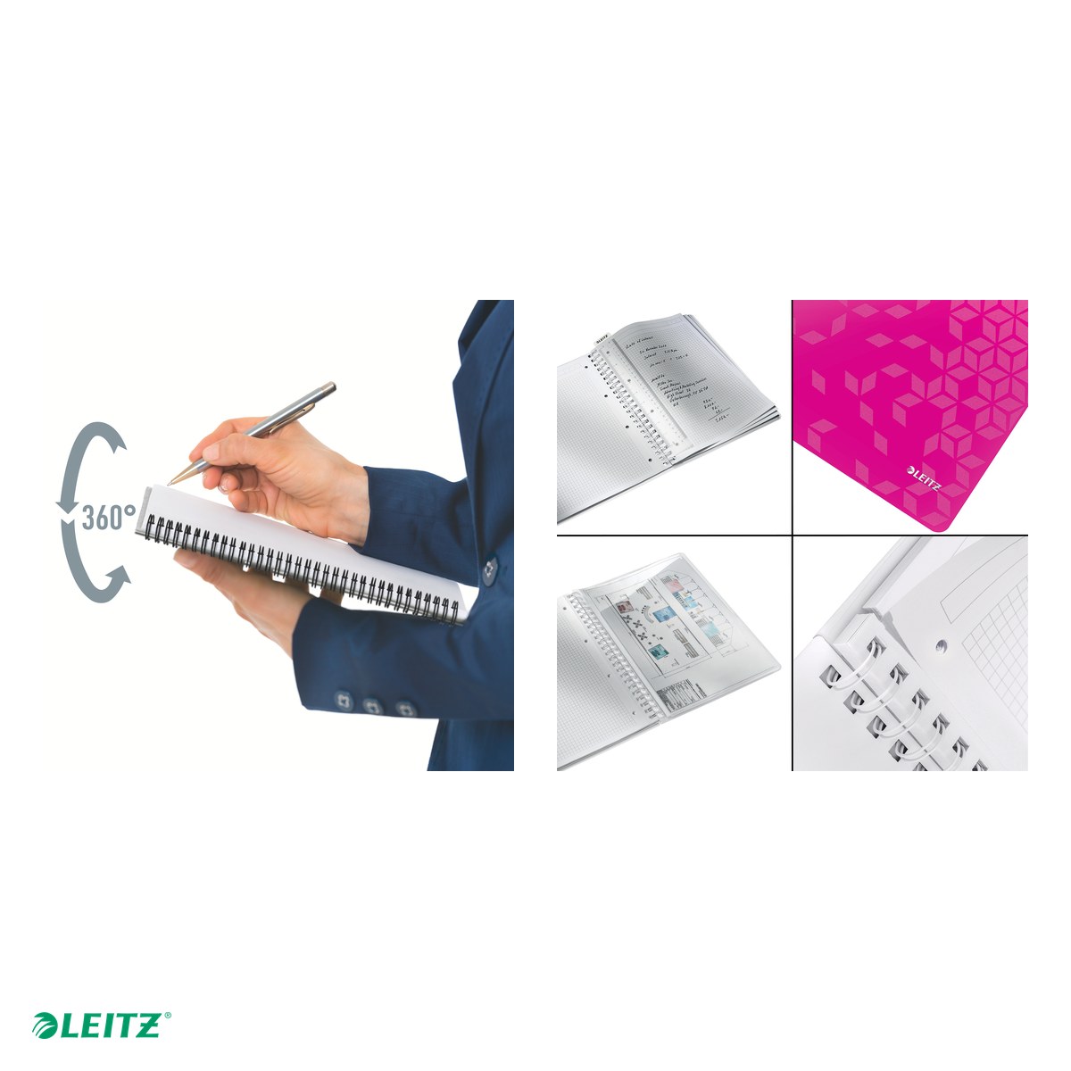 Caiet de birou Leitz WOW, PP, A4, cu spira, matematica, pentru documente perforate, 80 file, hartie 80 g/mp, roz [5]