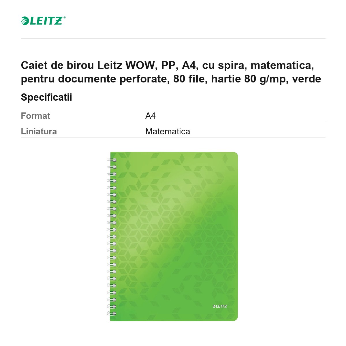 Caiet de birou Leitz WOW, PP, A4, cu spira, matematica, pentru documente perforate, 80 file, hartie 80 g/mp, verde [3]