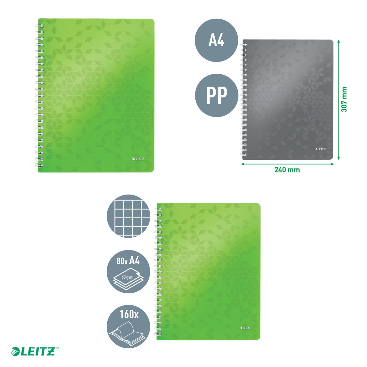 Caiet de birou Leitz WOW, PP, A4, cu spira, matematica, pentru documente perforate, 80 file, hartie 80 g/mp, verde [4]