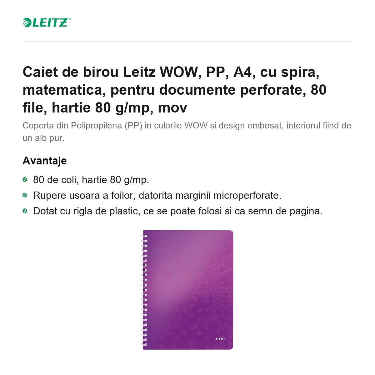 Caiet de birou Leitz WOW, PP, A4, cu spira, matematica, pentru documente perforate, 80 file, hartie 80 g/mp, mov [2]