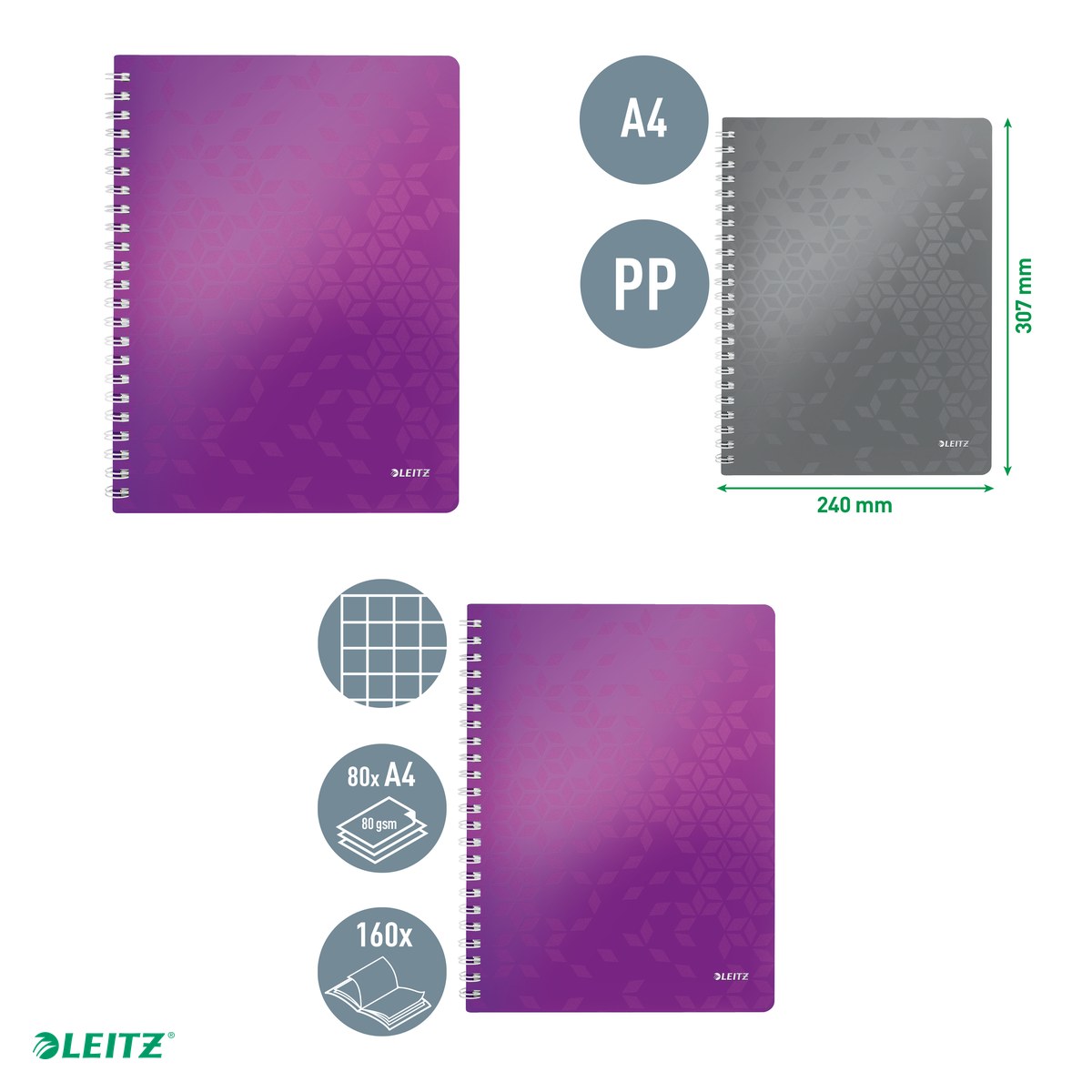 Caiet de birou Leitz WOW, PP, A4, cu spira, matematica, pentru documente perforate, 80 file, hartie 80 g/mp, mov [4]