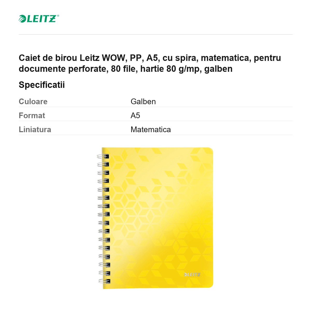 Caiet de birou Leitz WOW, PP, A5, cu spira, matematica, pentru documente perforate, 80 file, hartie 80 g/mp, galben [3]