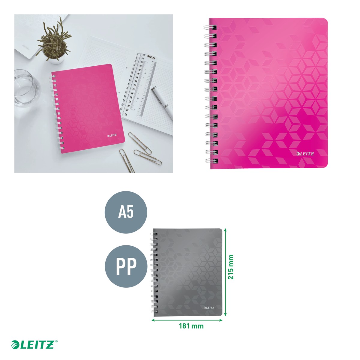 Caiet de birou Leitz WOW, PP, A5, cu spira, matematica, pentru documente perforate, 80 file, hartie 80 g/mp, roz [4]