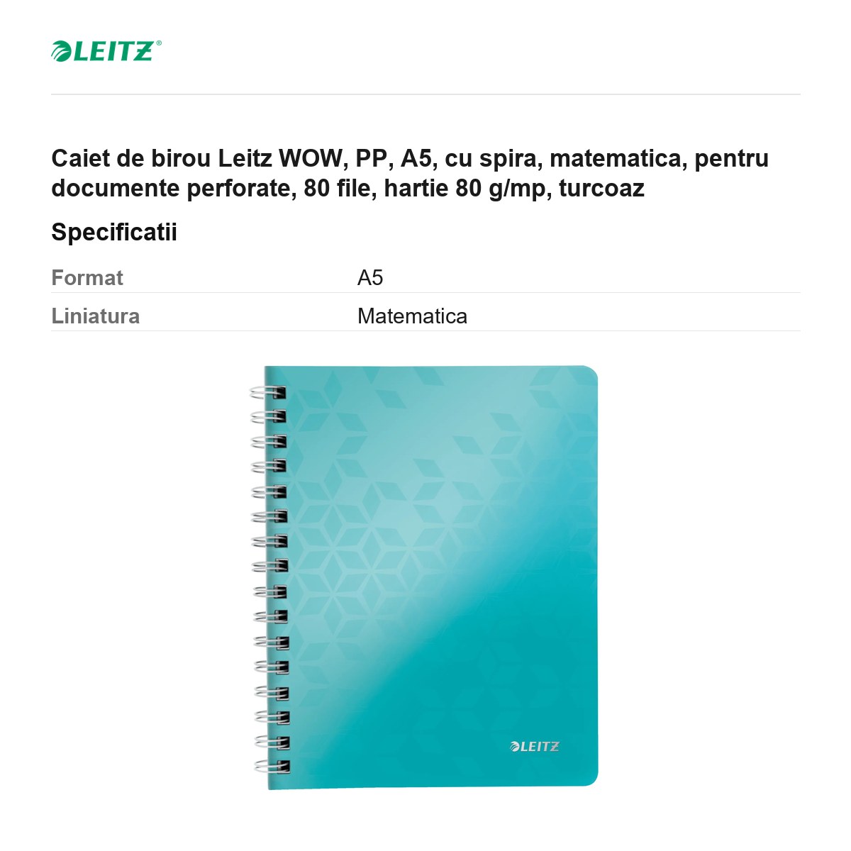 Caiet de birou Leitz WOW, PP, A5, cu spira, matematica, pentru documente perforate, 80 file, hartie 80 g/mp, turcoaz [3]