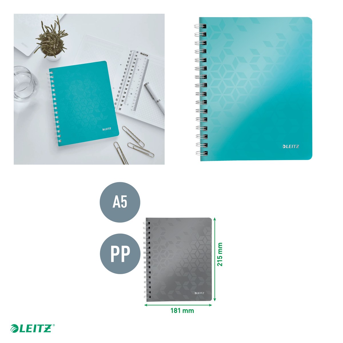 Caiet de birou Leitz WOW, PP, A5, cu spira, matematica, pentru documente perforate, 80 file, hartie 80 g/mp, turcoaz [4]