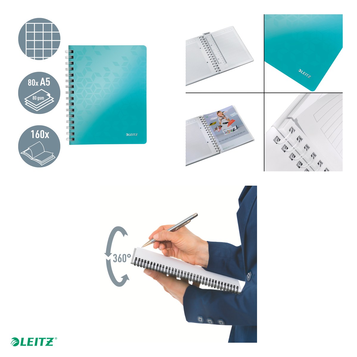 Caiet de birou Leitz WOW, PP, A5, cu spira, matematica, pentru documente perforate, 80 file, hartie 80 g/mp, turcoaz [5]