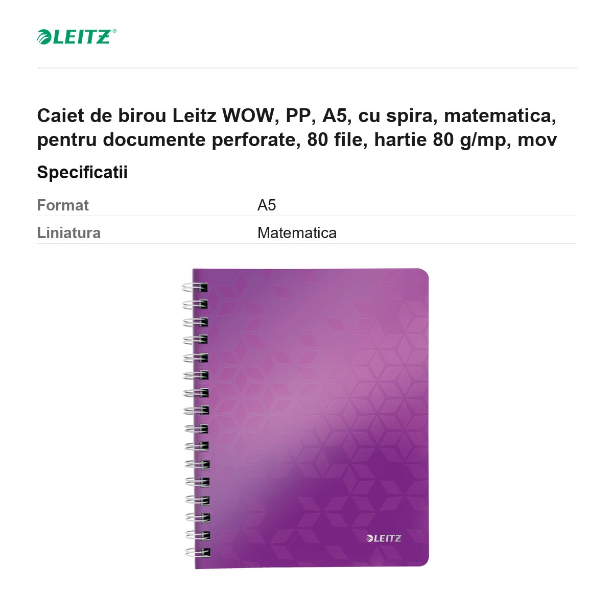 Caiet de birou Leitz WOW, PP, A5, cu spira, matematica, pentru documente perforate, 80 file, hartie 80 g/mp, mov [3]