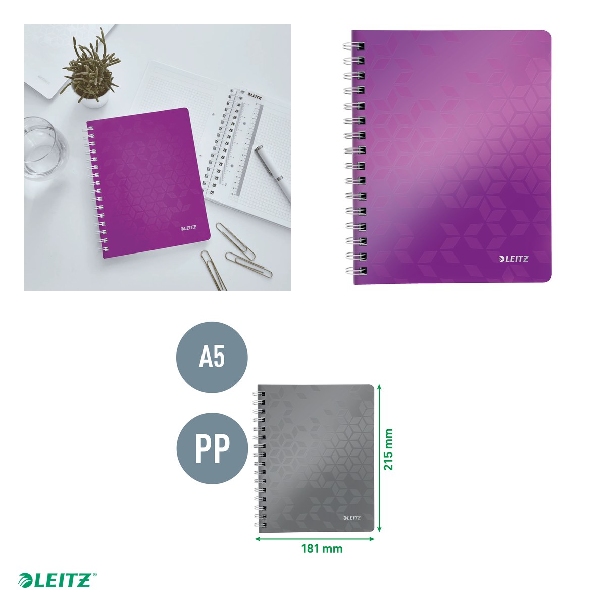 Caiet de birou Leitz WOW, PP, A5, cu spira, matematica, pentru documente perforate, 80 file, hartie 80 g/mp, mov [4]