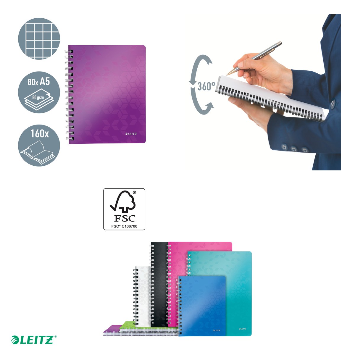 Caiet de birou Leitz WOW, PP, A5, cu spira, matematica, pentru documente perforate, 80 file, hartie 80 g/mp, mov [5]