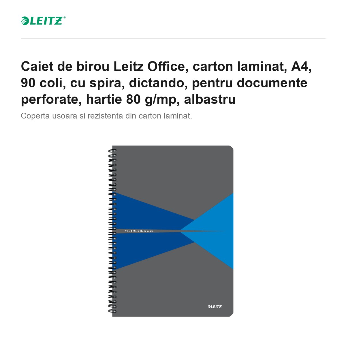 Caiet de birou Leitz Office, carton laminat, A4, 90 coli, cu spira, dictando, pentru documente perforate, hartie 80 g/mp, albastru [2]