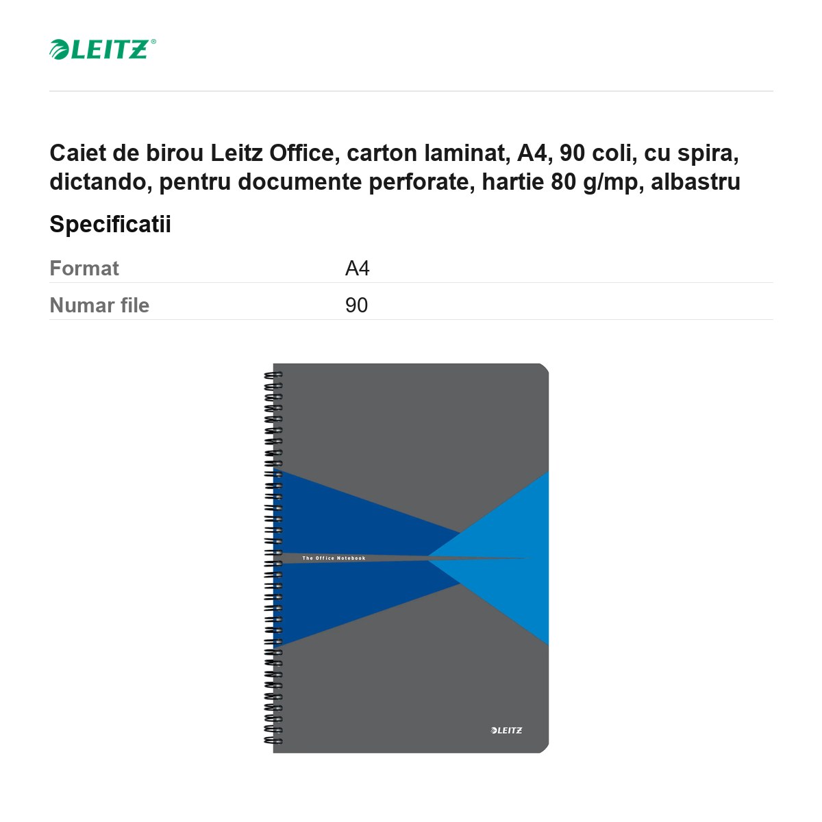 Caiet de birou Leitz Office, carton laminat, A4, 90 coli, cu spira, dictando, pentru documente perforate, hartie 80 g/mp, albastru [3]