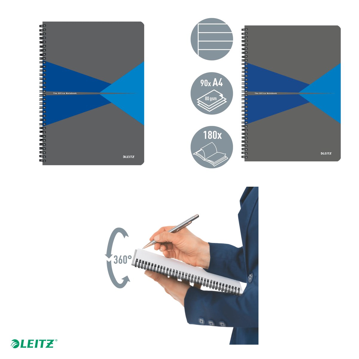 Caiet de birou Leitz Office, carton laminat, A4, 90 coli, cu spira, dictando, pentru documente perforate, hartie 80 g/mp, albastru [4]