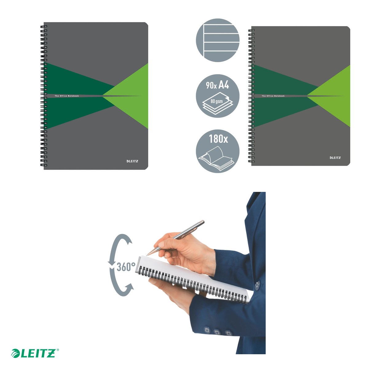 Caiet de birou Leitz Office, carton laminat, A4, 90 coli, cu spira, dictando, pentru documente perforate, hartie 80 g/mp, verde [4]