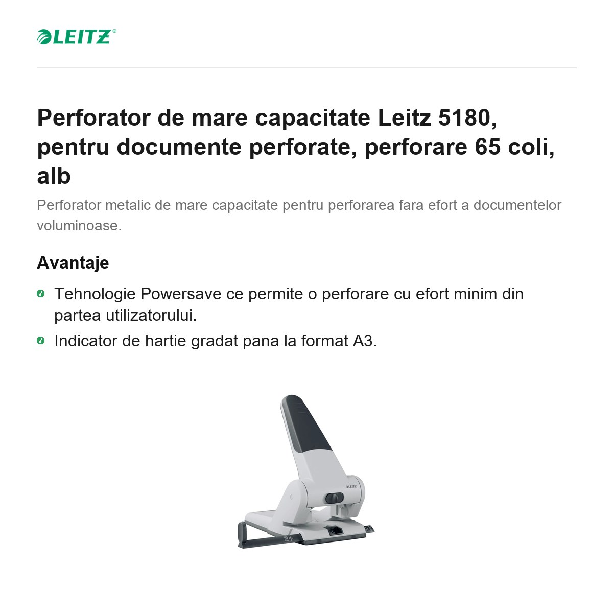 Perforator de mare capacitate Leitz 5180, pentru documente perforate, perforare 65 coli, alb [2]