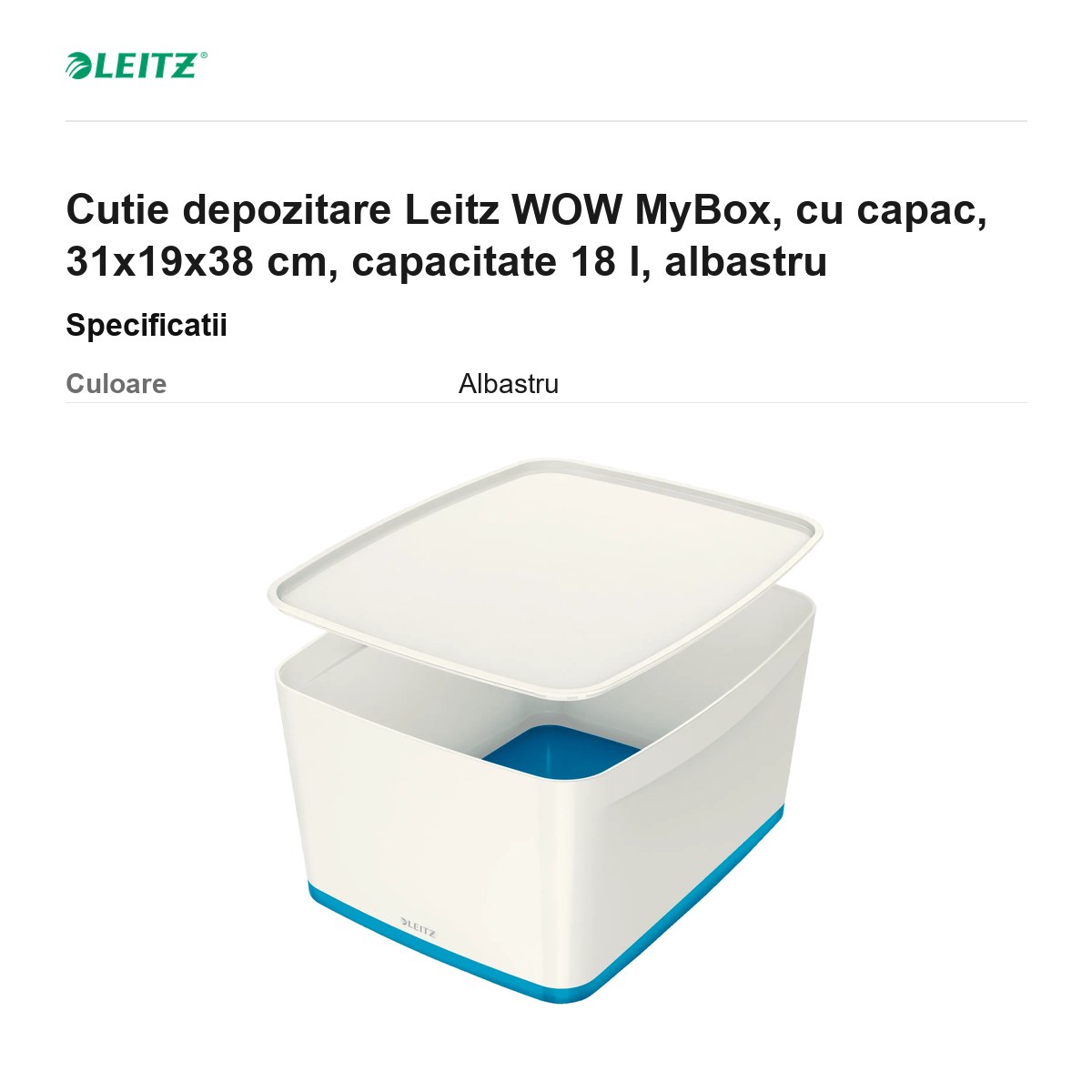 Cutie depozitare Leitz WOW MyBox, cu capac, 31x19x38 cm, capacitate 18 l, albastru [3]